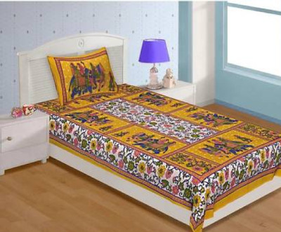 BLFR Cotton Single Flat 300 TC Jaipuri Prints Bedsheet(Pack of 1, Yellow, Blue)