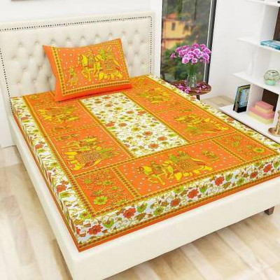 BLFR Cotton King Flat 300 TC Jaipuri Prints Bedsheet(Pack of 1, Orange, White)