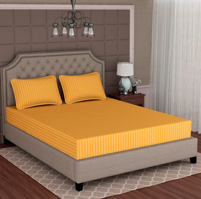 revorg Cotton Double Flat 350 TC Striped Bedsheet(Pack of 1, Yellow)