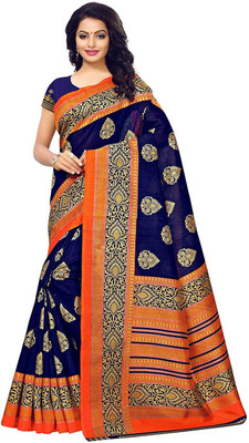 Grubstaker Printed Kanjivaram Art Silk Saree(Blue, Orange)