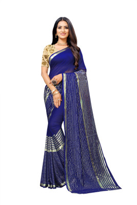 Aardiva Woven, Striped Bollywood Chiffon Saree(Dark Blue)