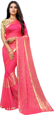 Aardiva Woven, Striped Bollywood Chiffon Saree(Pink)