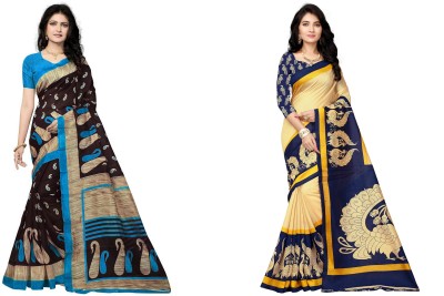 RUNAYA NX Printed Bhagalpuri Cotton Blend Saree(Pack of 2, Multicolor)