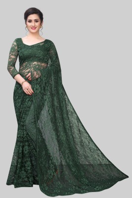 MAA ENTERPRISE Self Design, Embellished, Woven, Dyed, Solid/Plain Bollywood Net, Art Silk Saree(Dark Green)