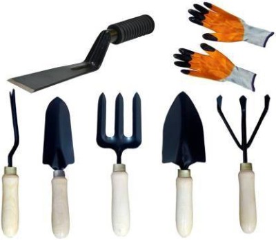 fitweight Wooden Gardening tool Khurpa 2 inch, trowel, hand cultivator, big trowel, garden fork, gloves and weeder Garden Tool Kit (7 Tools) Garden Tool Kit(7 Tools)