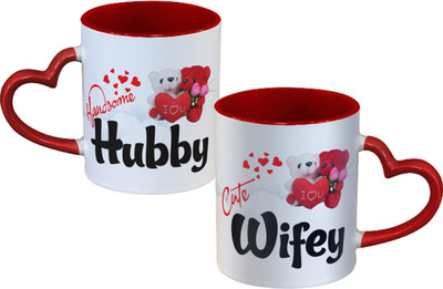 Sublikraft Hubby Wifey With Teddy With Heart Handle Printed Ceramic Coffee Mug(330 ml, Pack of 2)