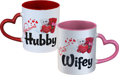 Sublikraft Hubby Wifey With Teddy Heart Handle Printed Ceramic Coffee Mug(330 ml, Pack of 2)