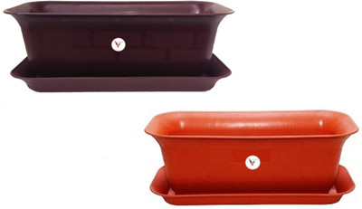 VINSHRA Window Rectangular Planter with Bottom Tray Set (20-inch, Red, Purple Pack of 2 Sets) VINS Plant Container Set(Pack of 2, Plastic)