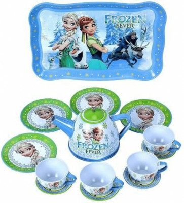 Jugutoz 14 Pieces Tin Tea Role Play Toy Set for Kids - Metal Teapot and Cups Kitchen Playset