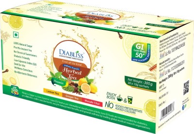 DiaBliss Diabetic Friendly Herbal Tea Premix Combo Pack - Lemon, Ginger, Masala Chai - 30 x 10g Sachets Herbal Tea Box(300 g)