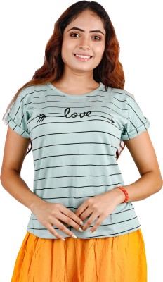 rayie collection Casual Short Sleeve Striped Women Grey Top