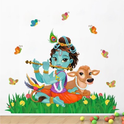 WALL STICKS 100 cm Lord Krishna Flute Playing With Cow Grass- Flower Nature -Butterfly - Decorative Non-Reusable Sticker(Pack of 1)