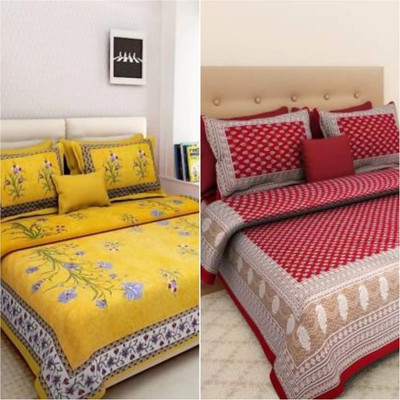 tripati sanganeri prints Cotton Double Flat 104 TC Floral Bedsheet(Pack of 1, Yellow)