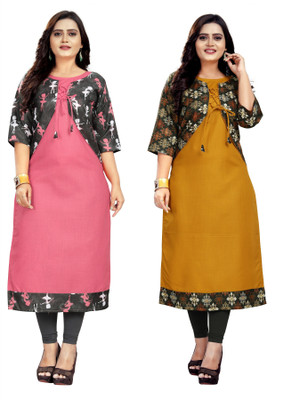S K Enterprise Women Printed Straight Kurta(Black, Pink, Yellow)