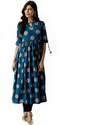 AnjuShree Choice Women Printed Flared Kurta(Blue)