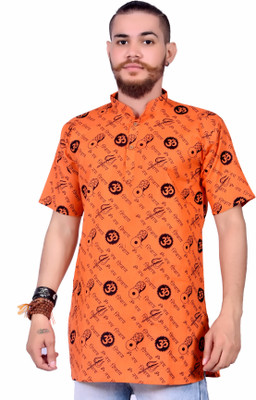 aruati Men Printed Straight Kurta(Orange)