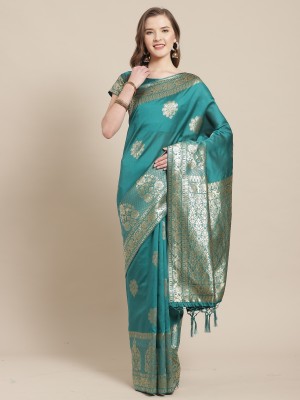 Ratnavati Geometric Print, Woven, Floral Print Banarasi Silk Blend, Art Silk Saree(Green)