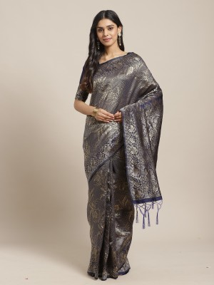 Ratnavati Printed, Woven, Floral Print Banarasi Silk Blend, Art Silk Saree(Dark Blue)
