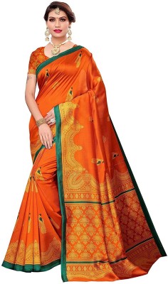 Grubstaker Printed Kanjivaram Art Silk Saree(Orange)