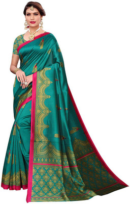 VCREATION Printed Assam Silk Art Silk Saree(Green)