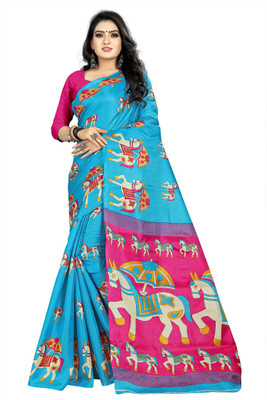 Kunish Animal Print, Printed Daily Wear Khadi Silk Saree(Light Blue, Pink) Flipkart