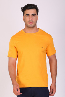 Hiflyers Solid Men Round Neck Yellow T-Shirt