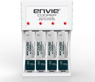 Envie Fast Charger ECR 20MC with Rechargeable Batteries | for AA & AAA Ni-Cd & Ni-mh Rechargeable Batteries with LED Indicator | Compatible with Power Banks | Car Charger | Laptop | Travel Adapter (ECR 20 MC+4xAA1000)  Camera Battery Charger(White)