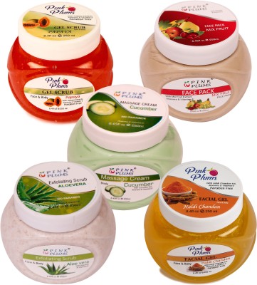 PINK PLUMS Glowing Papaya Gel Scrub, Mix-Fruit Face Pack, Cucumber Massage Cream, Aloevera Scrub And Haldi Chandan Facial Gel With Vitamin-E Combo (Pack of 5) Each 250ml(5 Items in the set)