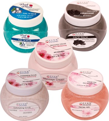 PINK PLUMS Glowing Cool Mint Gel Scrub, Charcoal Face Pack, Skin-Whitening Massage Cream, Skin-Whitening Scrub And Skin-Whitening Facial Gel With Vitamin-E Combo (Pack of 5) Each 250ml(5 Items in the set)