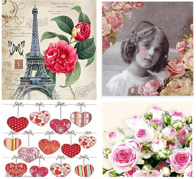 Tickles Art Craft Decoupage Printed Paper Set of 4 Mix Hearts Rose Paris Print for Artist Matte Finish Decoupage Medium(8 g, Pack of 4)