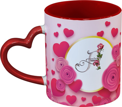 Sublikraft Alphabet A With Heart Handle Rose Printed Ceramic Coffee Mug(330 ml)
