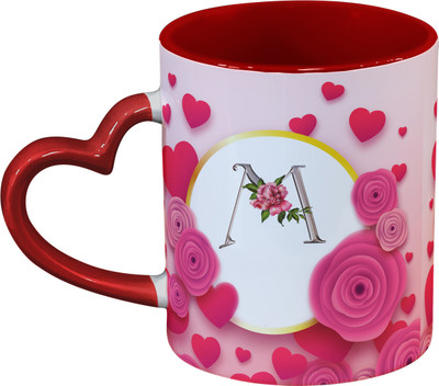 Sublikraft Alphabet M With Heart Handle Rose Printed Ceramic Coffee Mug(330 ml)