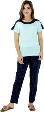 PINK GRAPES Women Printed Light Blue, Dark Blue Top & Pyjama Set