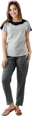 PRW FASHION Women Printed Grey, Black Top & Pyjama Set