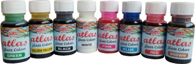 Atlas Colours Glass Colours Solvent Based 8 Shades 200 ml Total ( Red, Pink, Green, Golden Yellow, White, Black, Blue , Brown) 25 ml each(Set of 8, ( Red, Pink, Green, Golden Yellow, White, Black, Blue , Brown))
