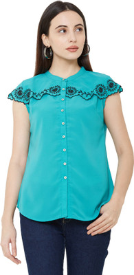 GO.4.IT Casual Cap Sleeve Embroidered Women Green Top