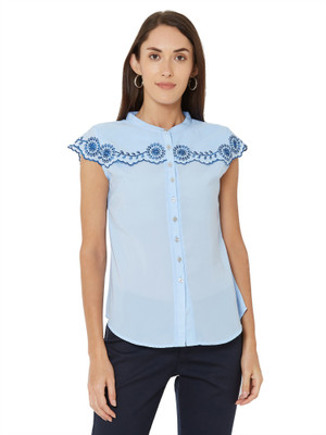 GO.4.IT Casual Cap Sleeve Embroidered Women Light Blue Top