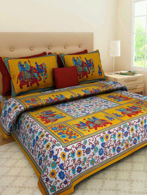 E-Wish Box 144 TC Cotton Double Jaipuri Prints Flat Bedsheet(Pack of 1, Yellow)