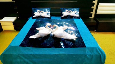 Bhatia Home Decors 300 TC Velvet Queen Animal Flat Bedsheet(Pack of 1, Blue Swan Couple)