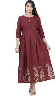 Glowworld Women Printed Flared Kurta(Maroon)