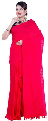 sourav biswas Solid/Plain Handloom Viscose Rayon, Pure Cotton Saree(Red)
