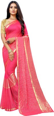 Aardiva Woven, Striped Bollywood Chiffon Saree(Pink)