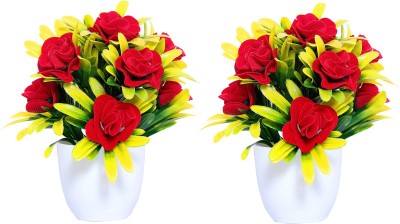 S-Biv Set of 2 Pcs Red Rose Artificial flower with pot Multicolor Rose Artificial Flower  with Pot(7 inch, Pack of 3, Flower with Basket)