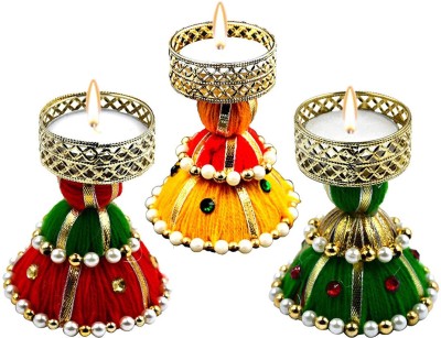Natali Traders Tea Light Candle Holder with Tealight Candles for Diwali Decoration, Home Decor- Steel 3 - Cup Tealight Holder Set(Multicolor, Pack of 3)