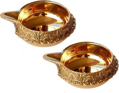 Shivshakti Arts Pure Brass Kuber Akhand - Diya - Deepak - Oil Lamp For Diwali Navratri Laxmi Poojan - (Engraved Flower Design, Width - 2.6 Inch) - 2 Piece Brass (Pack of 2) Table Diya Set(Height: 1 inch)