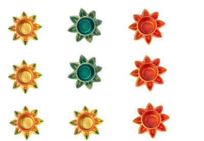 SUNINOW Star shaped Diya set for diwali | diya set for pooja Terracotta (Pack of 9) Table Diya Set(Height: 4 inch)