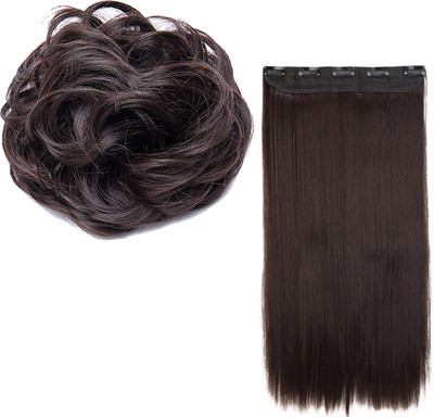 VSAKSH Pack of 2 Combo 25 Inch Synthetic Straight  Extension with Funky/Messy Rubber  Bun - Brown… Hair Extension