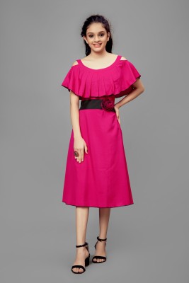 Mirrow Trade Indi Girls Midi/Knee Length Casual Dress(Pink, Fashion Sleeve)