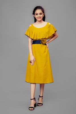 Mirrow Trade Indi Girls Midi/Knee Length Casual Dress(Yellow, Fashion Sleeve)