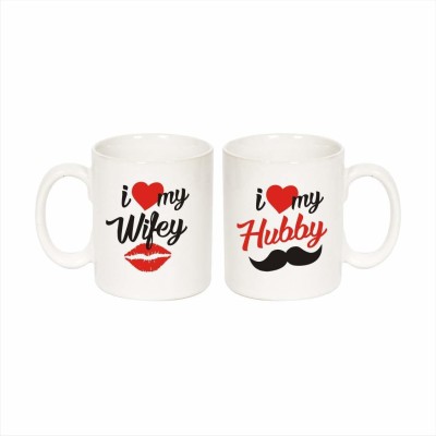 PRIDE STORE Hubby Wifey Printed Coffee / Milk Tea for Husband, Wife On Marriage, Anniversary, Birthday Valentine Gifts for Girlfriend and for Couple Ceramic Coffee Mug(320 ml, Pack of 2)